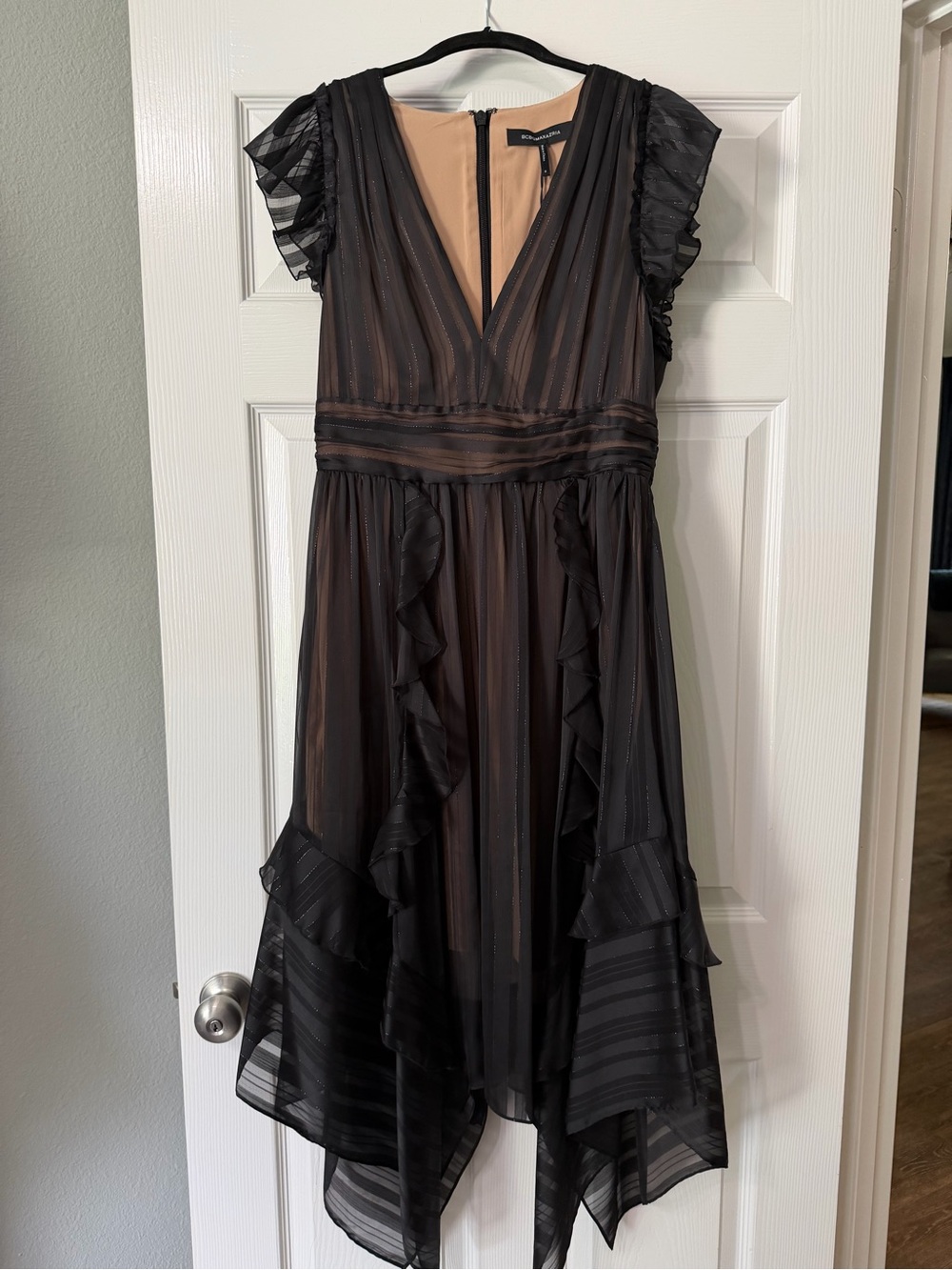 BCBGMaxAzria Black and Nude V-Neck High-Low Ruffle Dress